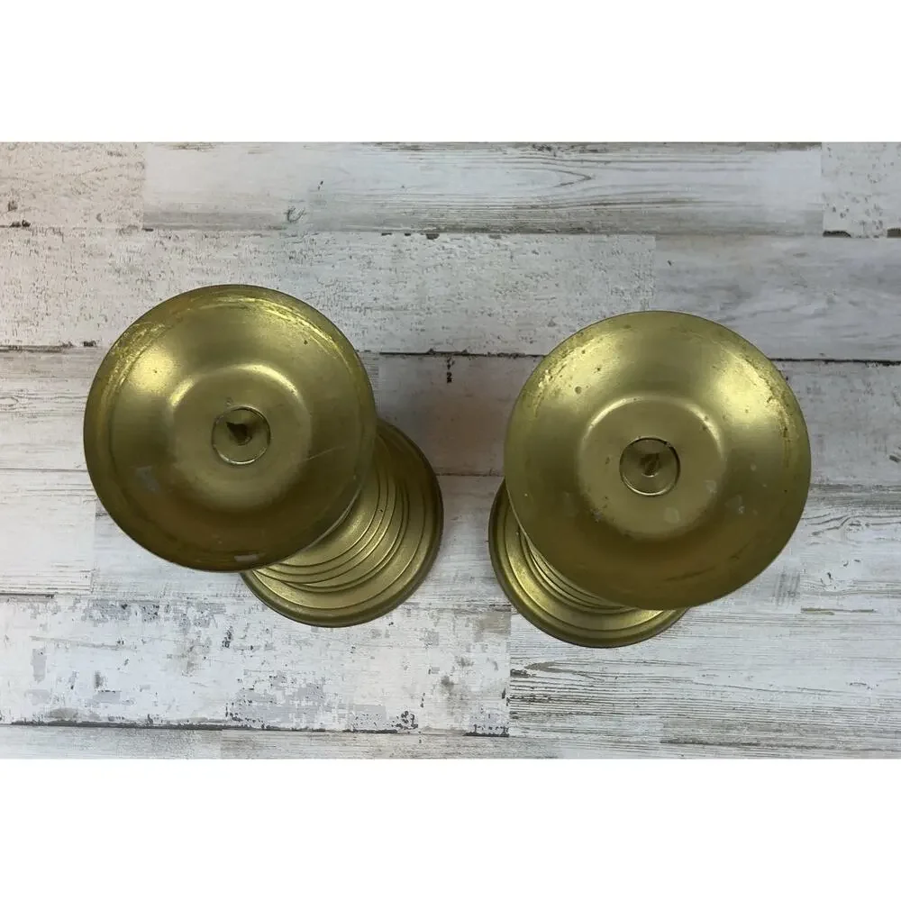 Pair Heavy Solid Brass Taper Candle Holders Traditional Gold Tone 9.5